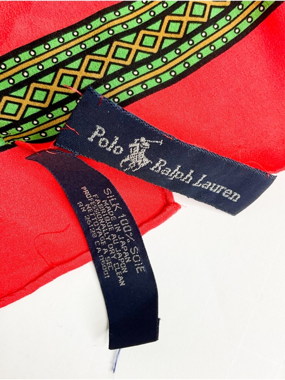Polo Ralph Lauren Red Silk Scarf Green Geometric - Picture 2 of 5